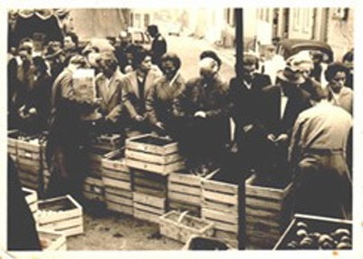 Schwarz- weiss Bild von damals auf den Markt an einen Obststand 